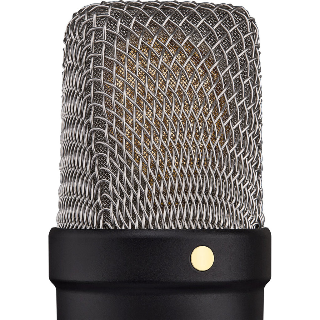 Rode NT1 GEN5 condenser microphone with shock mount and pop filter, designed for studio recording and professional audio capture.
