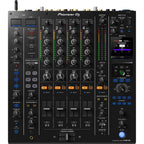 Pioneer DJ DJM-A9 professional DJ mixer with multiple channels, knobs, and colorful LED displays for live music mixing.