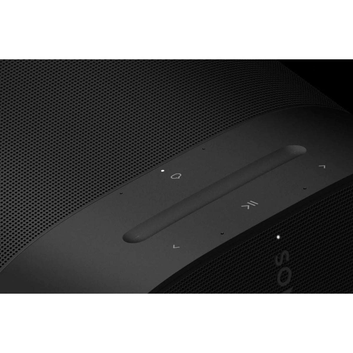 Sonos Era 300 wireless speaker in black with sleek modern design, showcasing its compact shape and control buttons.