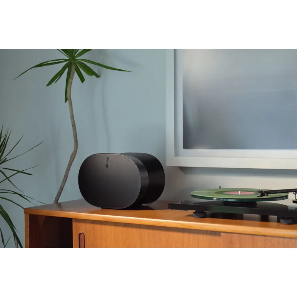 Sonos Era 300 wireless speaker in black, showing sleek design and control buttons on top.