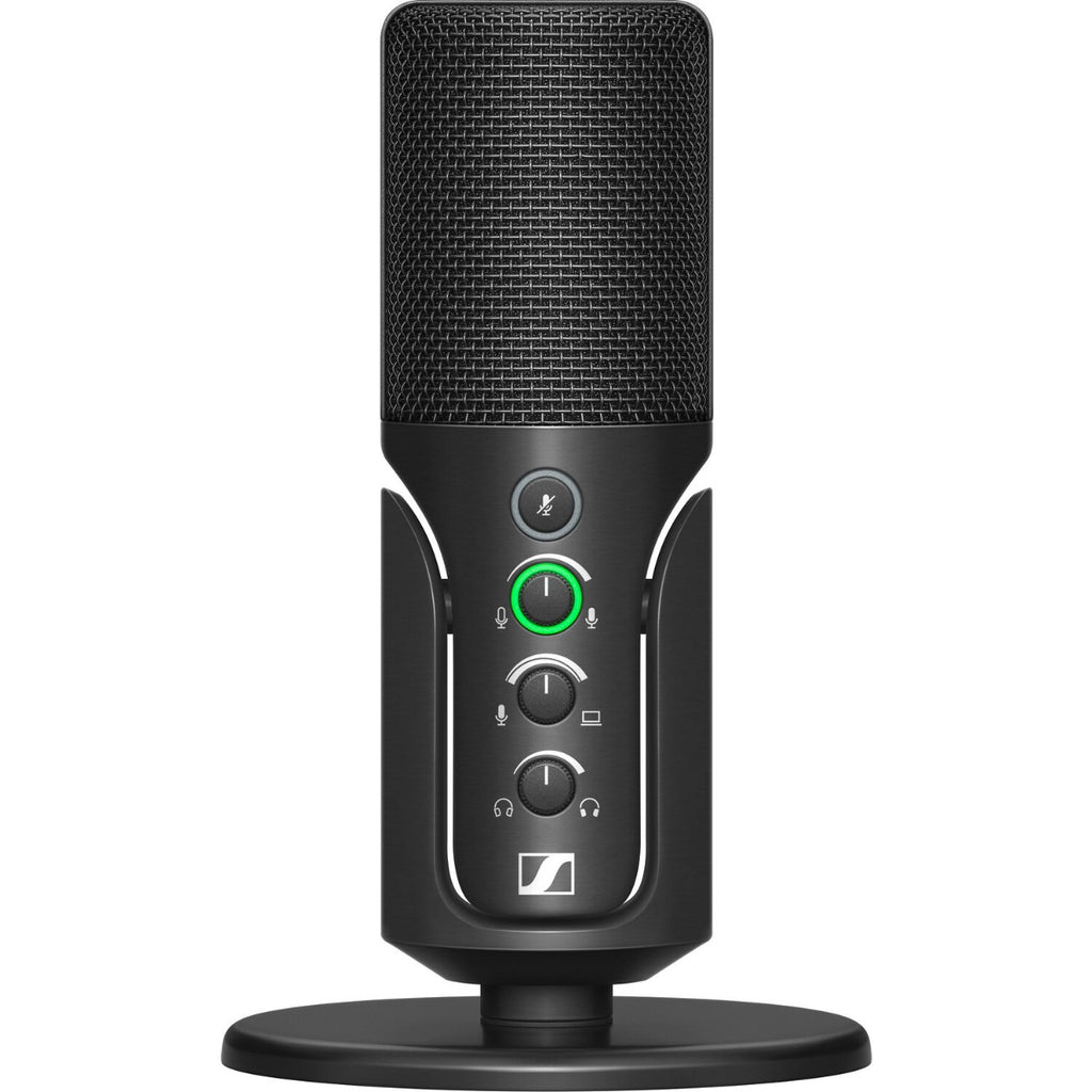 Sennheiser Profile USB-C microphone on a stand showing its sleek design and USB-C connection port.
