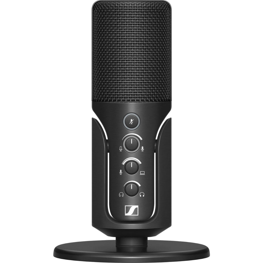 Sennheiser Profile USB-C microphone with sleek design and built-in stand for clear audio recording on a computer.