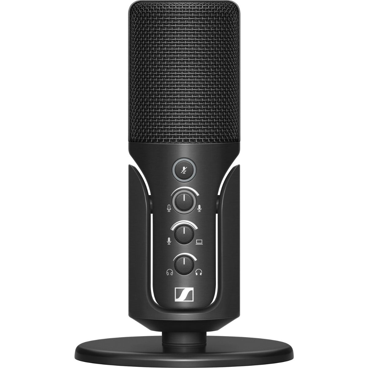Sennheiser Profile USB-C microphone with sleek design and built-in stand for clear audio recording on a computer.