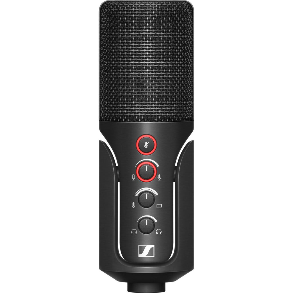 Sennheiser Profile USB-C microphone with sleek design, featuring a compact body and built-in stand for clear voice recording.