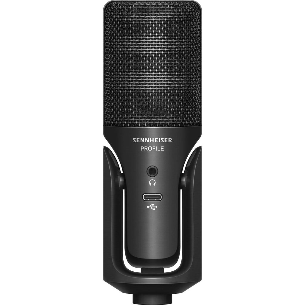 Sennheiser Profile USB-C microphone on a desk, featuring a sleek black design with a built-in stand and USB-C connector.