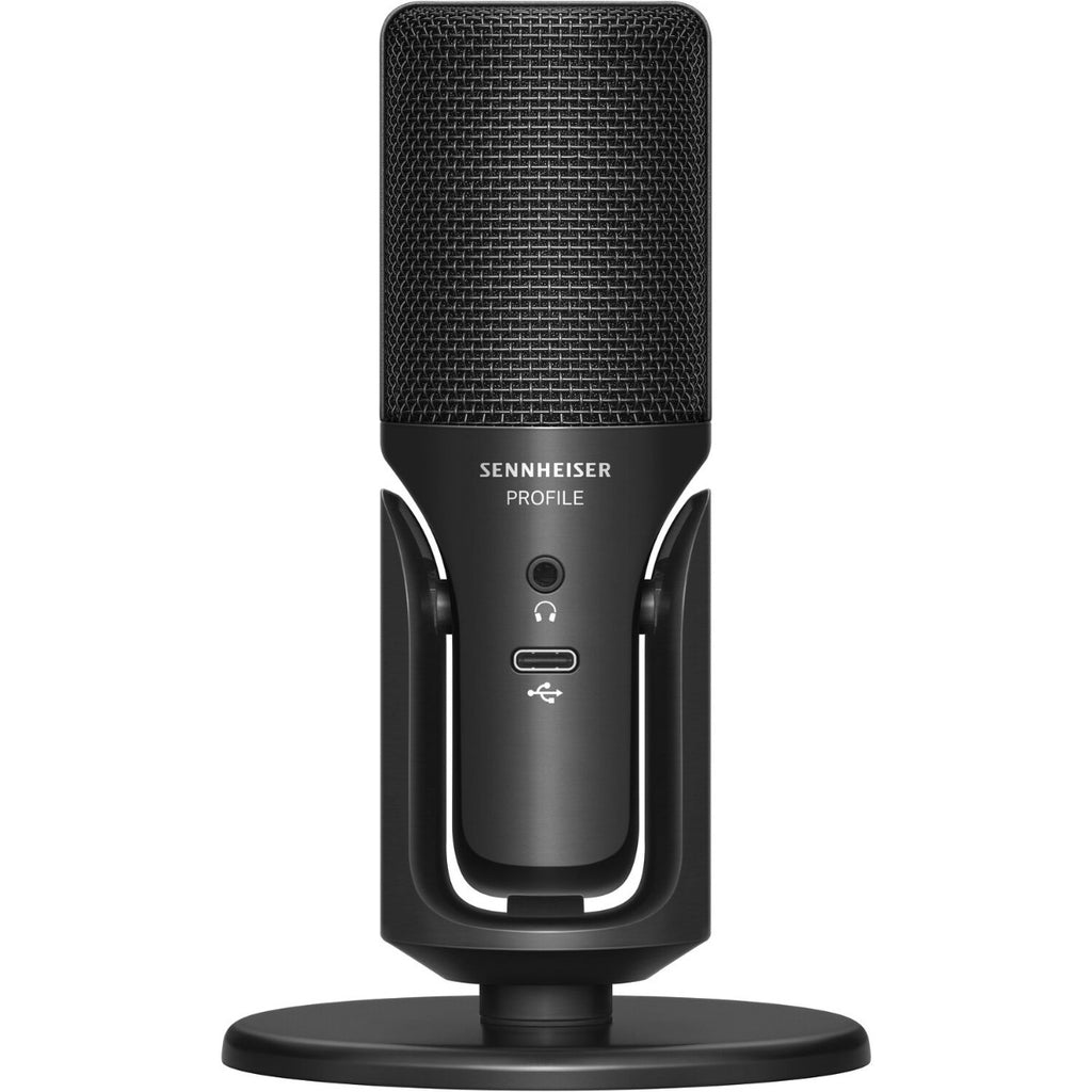 Sennheiser Profile USB-C Microphone on a stand, with a sleek black design and USB-C connection for high-quality audio recording.
