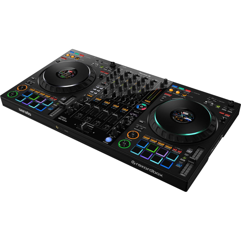 Pioneer DJ DDJ-FLX10 DJ controller with jog wheels, mixers, and control knobs for professional DJ setup.