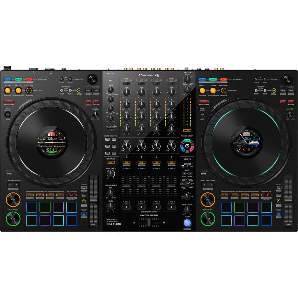 Pioneer DJ DDJ-FLX10 DJ controller with large jog wheels, performance pads, and multiple control knobs for professional mixing.