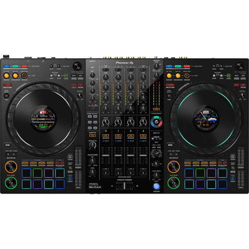 Pioneer DJ DDJ-FLX10 DJ controller with large jog wheels, performance pads, and multiple control knobs for professional mixing.