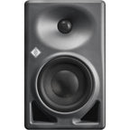 Neumann KH 120 II active nearfield monitors shown with sleek black speaker cabinets and control knobs visible.