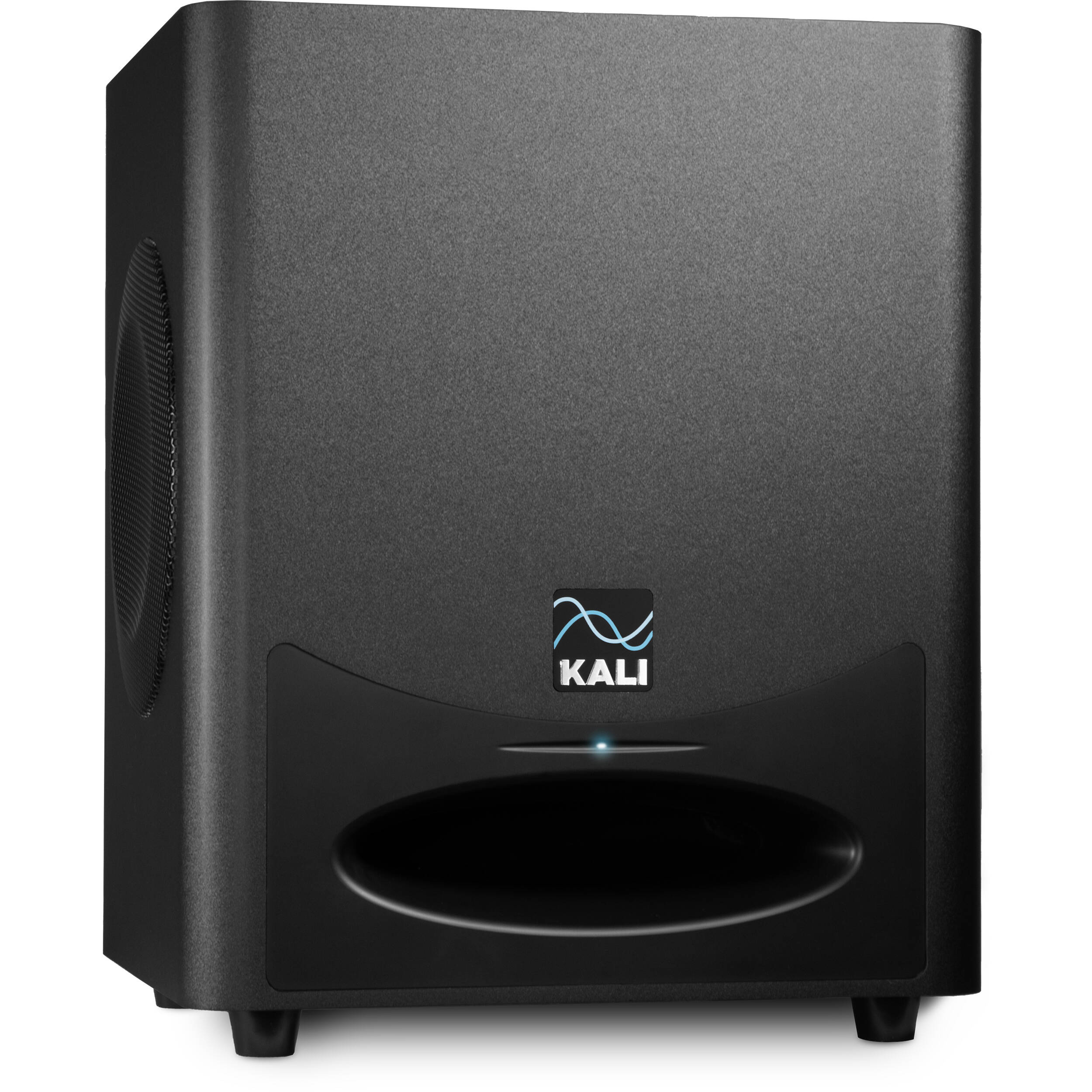 Kali Audio WS-6.2 subwoofer showing a black speaker with a sturdy enclosure and control panel on the front.