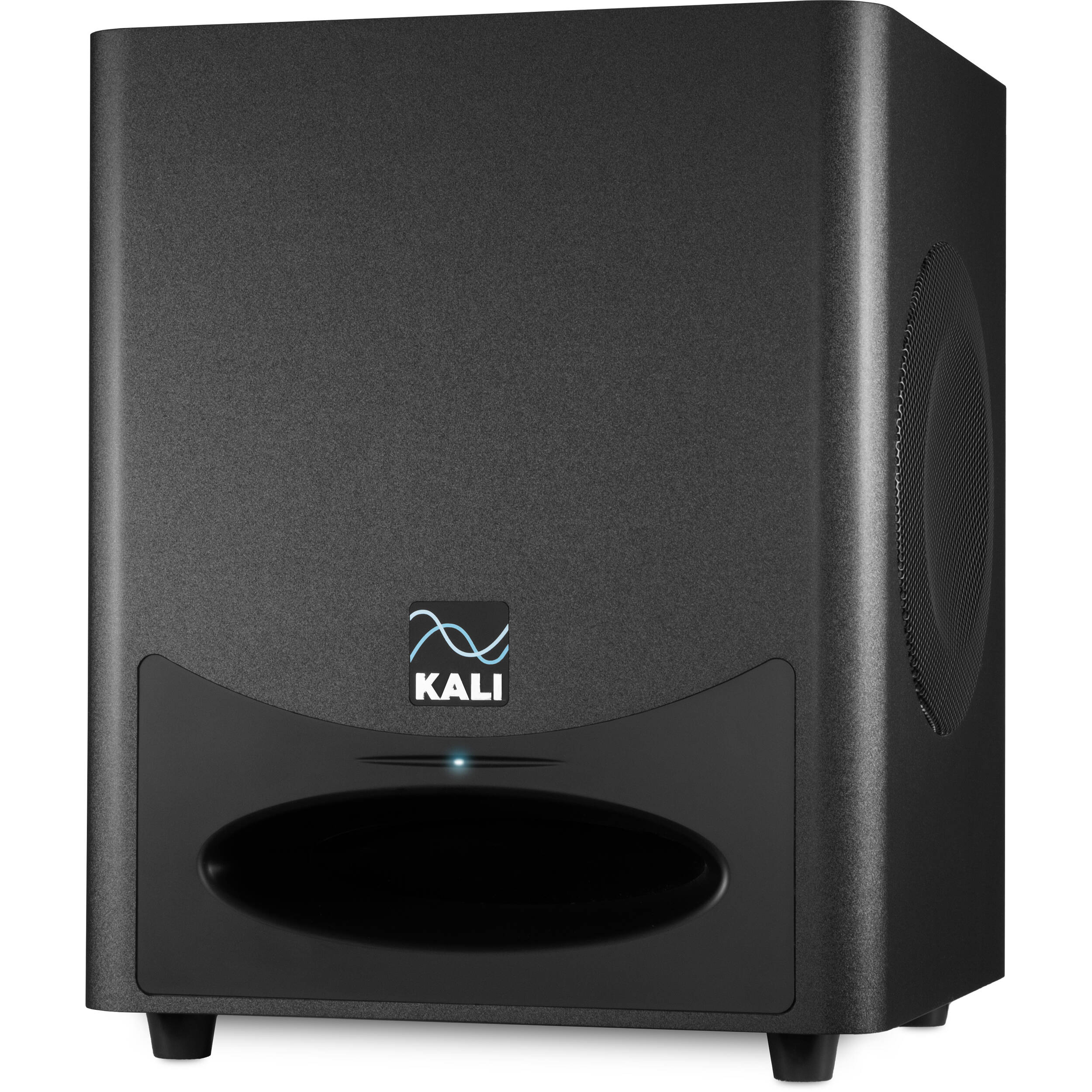 Kali Audio WS-6.2 subwoofer showing a sleek black design with control knobs and a sturdy speaker grille.