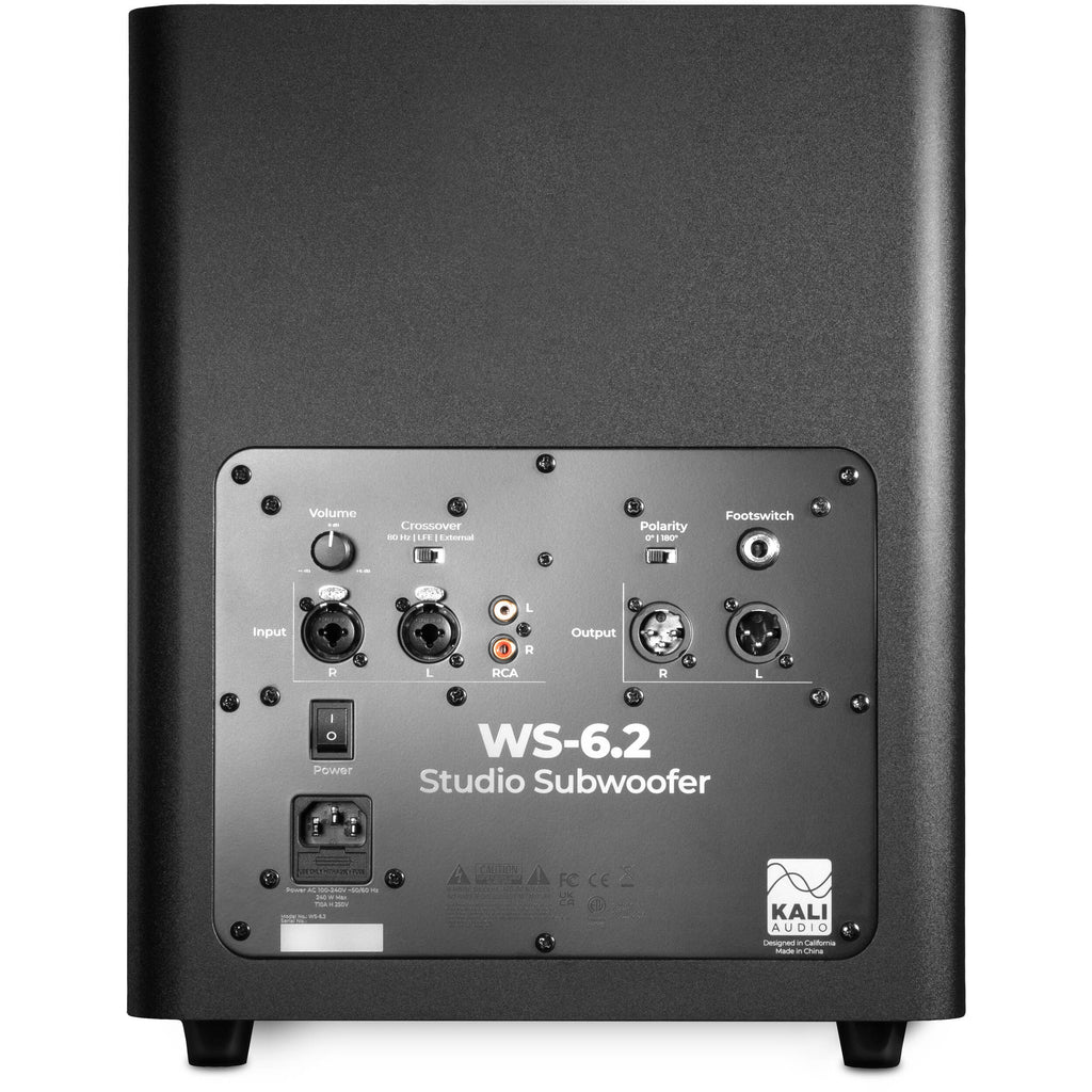 Kali Audio WS-6.2 subwoofer showing a sleek black enclosure with a large speaker cone and control panel on the front.