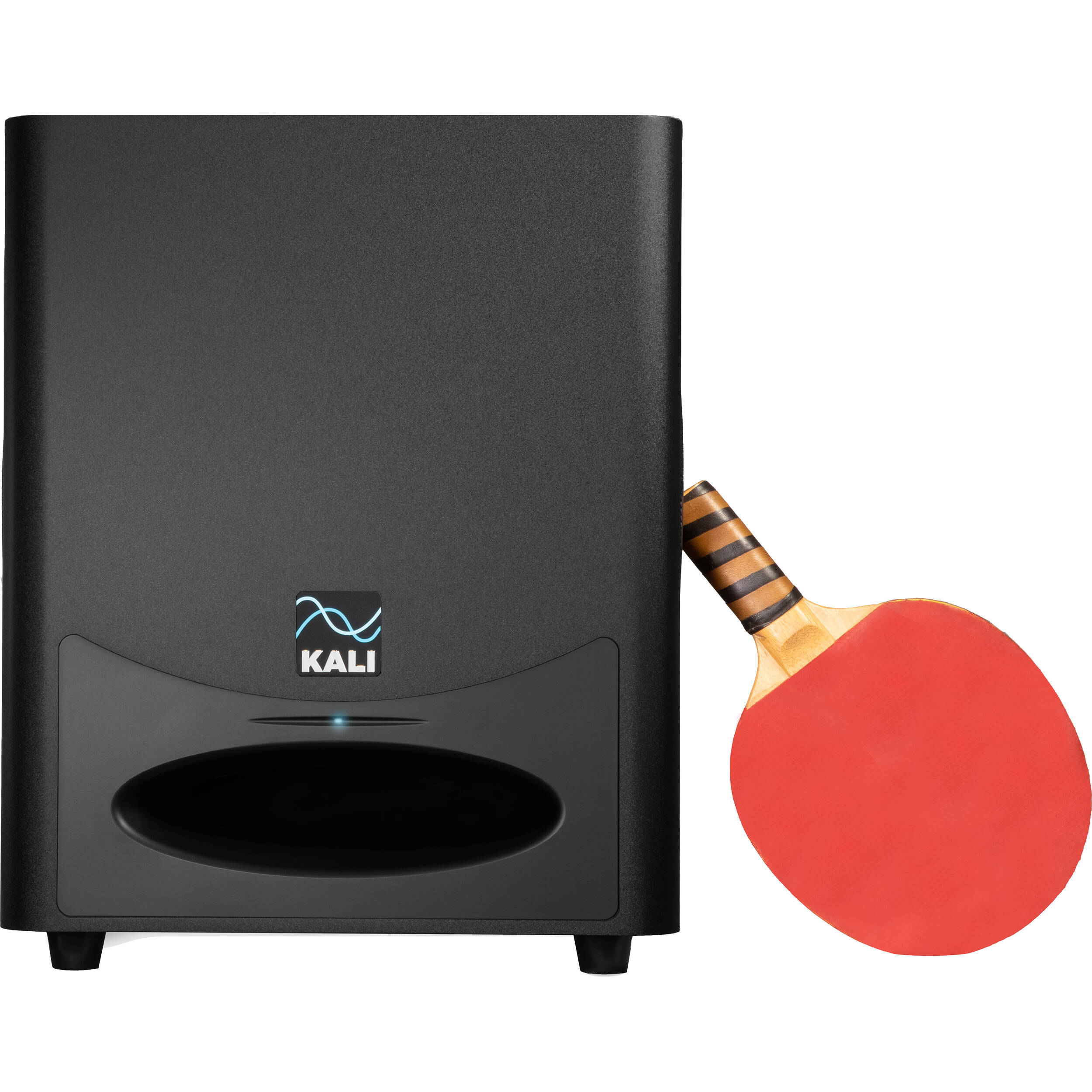 Kali Audio WS-6.2 subwoofer with black enclosure and control knobs on the back, designed for high-quality audio setups.