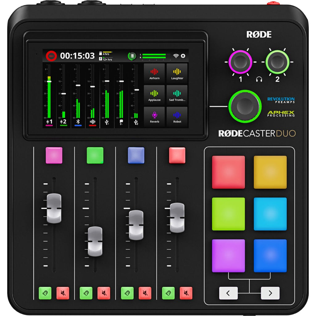 Rode RodeCaster DUO audio interface with multiple input ports and control knobs for professional sound recording setup.