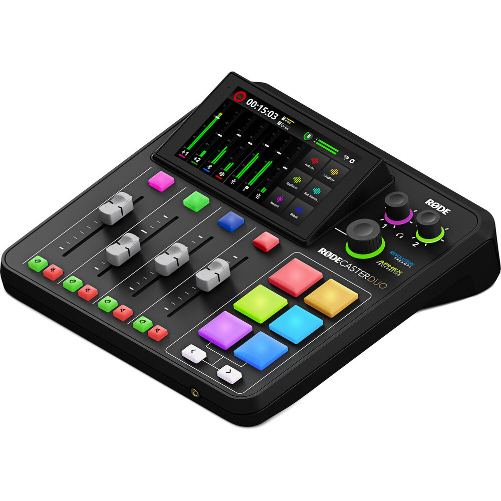 Rode RodeCaster DUO audio interface with multiple input ports, headphones, and control knobs for professional podcasting and streaming.