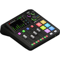 Rode RodeCaster DUO audio interface with multiple input jacks, knobs, and controls for professional podcasting and streaming.