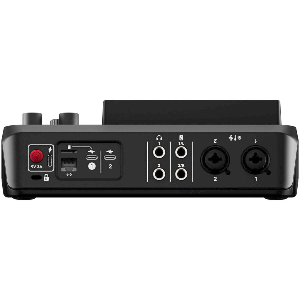Rode RodeCaster DUO audio interface with multiple input ports, control knobs, and headphone jacks on a black surface.