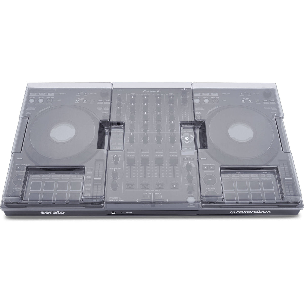 Decksaver Pioneer DDJ-FLX10 DJ cover protecting a DJ controller from dust and damage, made of durable black plastic.