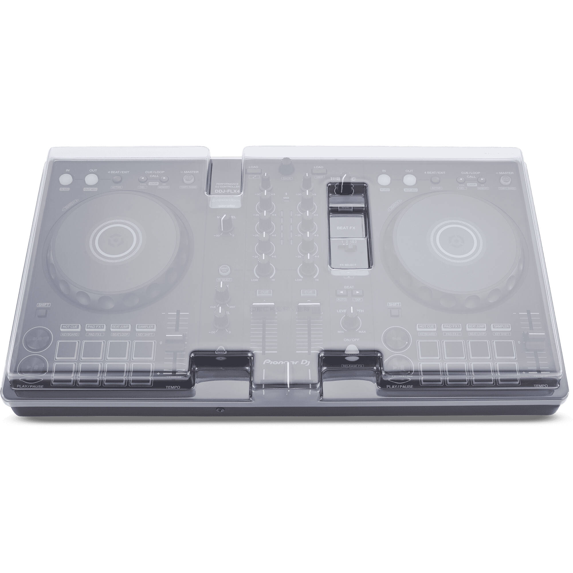 Decksaver Pioneer DDJ-FLX4 Light Edition DJ cover protecting a DJ controller from dust and spills.