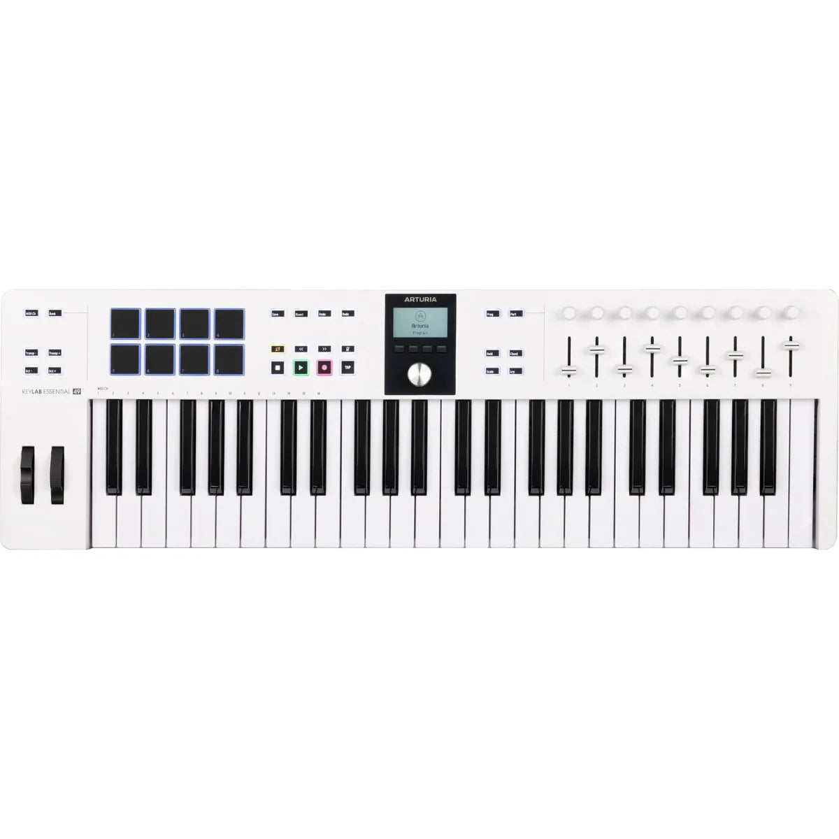 Arturia KeyLab Essential 49 MK3 MIDI keyboard with 49 keys, control knobs, and integrated software interface.