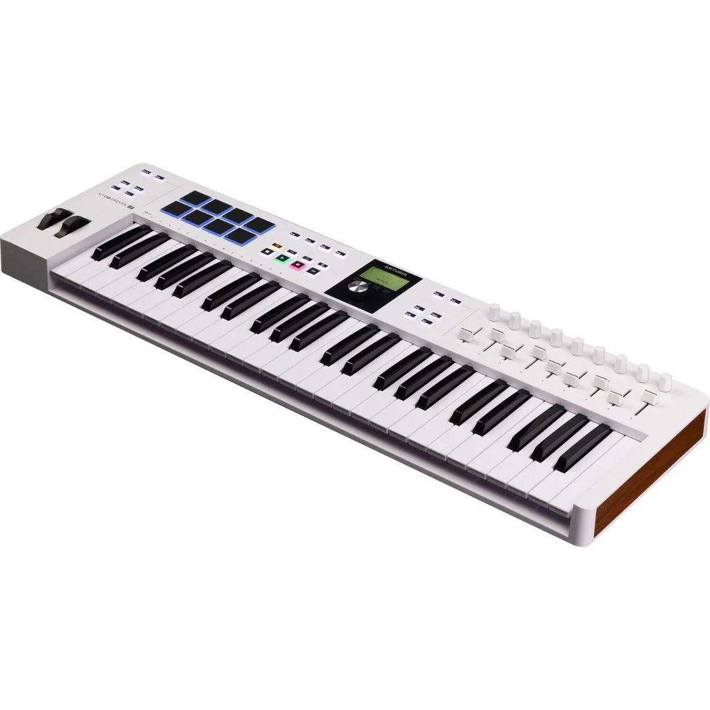 Arturia KeyLab Essential 49 MK3 MIDI keyboard with 49 keys, control knobs, and USB connectivity for music production.