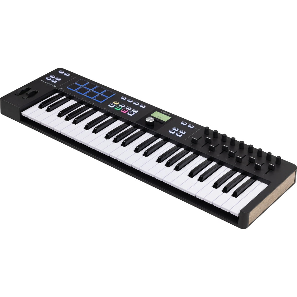 Arturia KeyLab Essential 49 MK3 MIDI keyboard with black finish, featuring control knobs and keys for music production.
