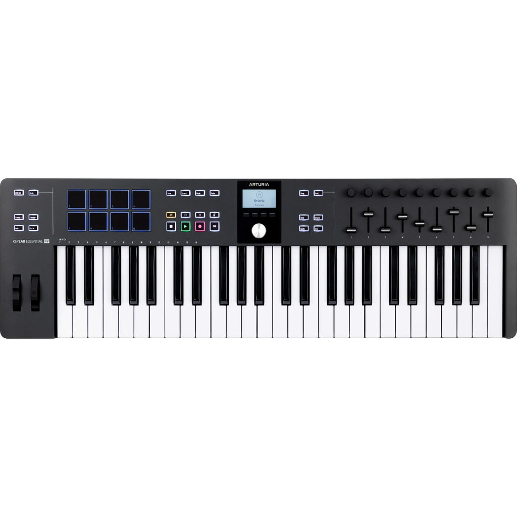 Arturia KeyLab Essential 49 MK3 MIDI keyboard with black finish, featuring keys, control knobs, and function buttons.