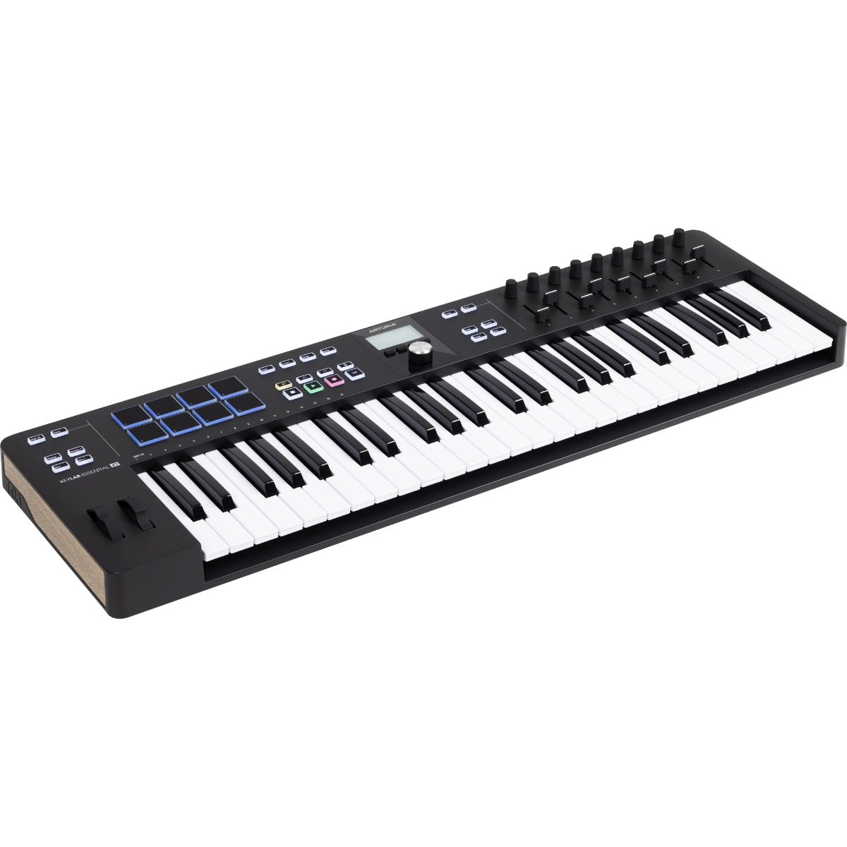 Arturia KeyLab Essential 49 MK3 MIDI keyboard with black keys, control knobs, and integrated software interface.