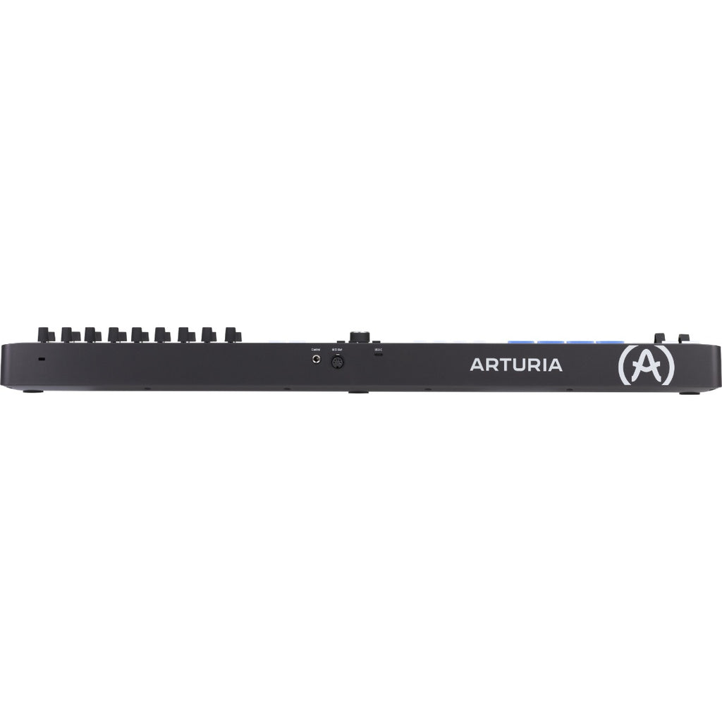 Arturia KeyLab Essential 49 MK3 MIDI keyboard with black finish, featuring 49 keys and control knobs for music production.