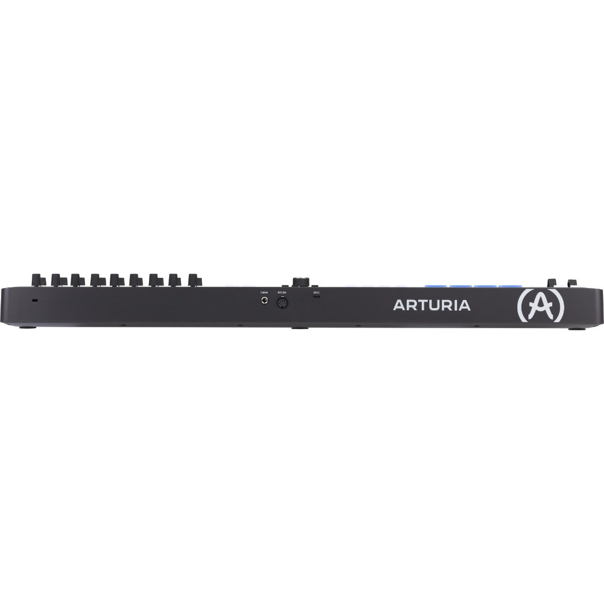 Arturia KeyLab Essential 49 MK3 MIDI keyboard with black finish, featuring 49 keys and control knobs for music production.