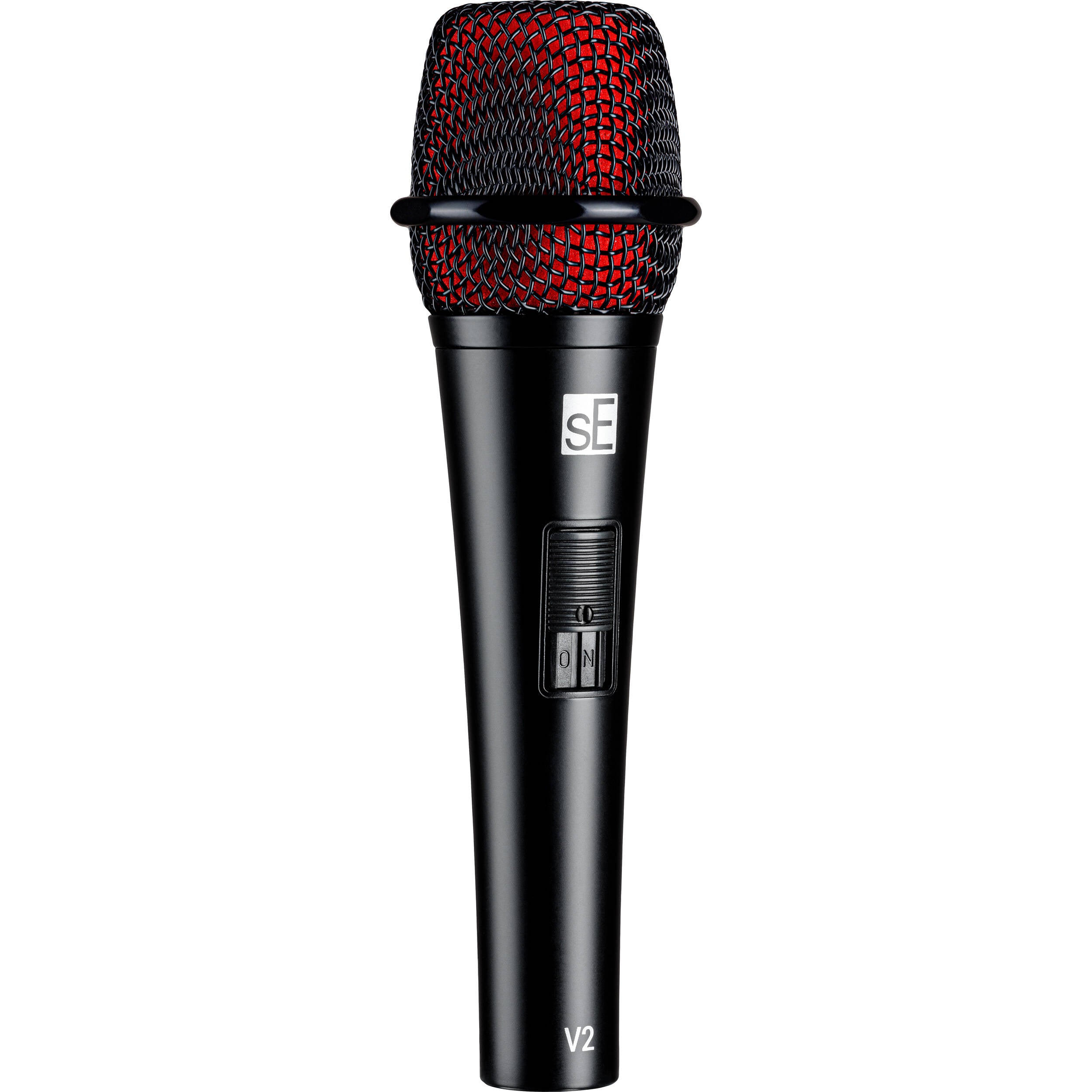 SE Electronics sE Electronics V2 dynamic microphone with switch, showing its sturdy build and professional design for vocal and instrument recording.