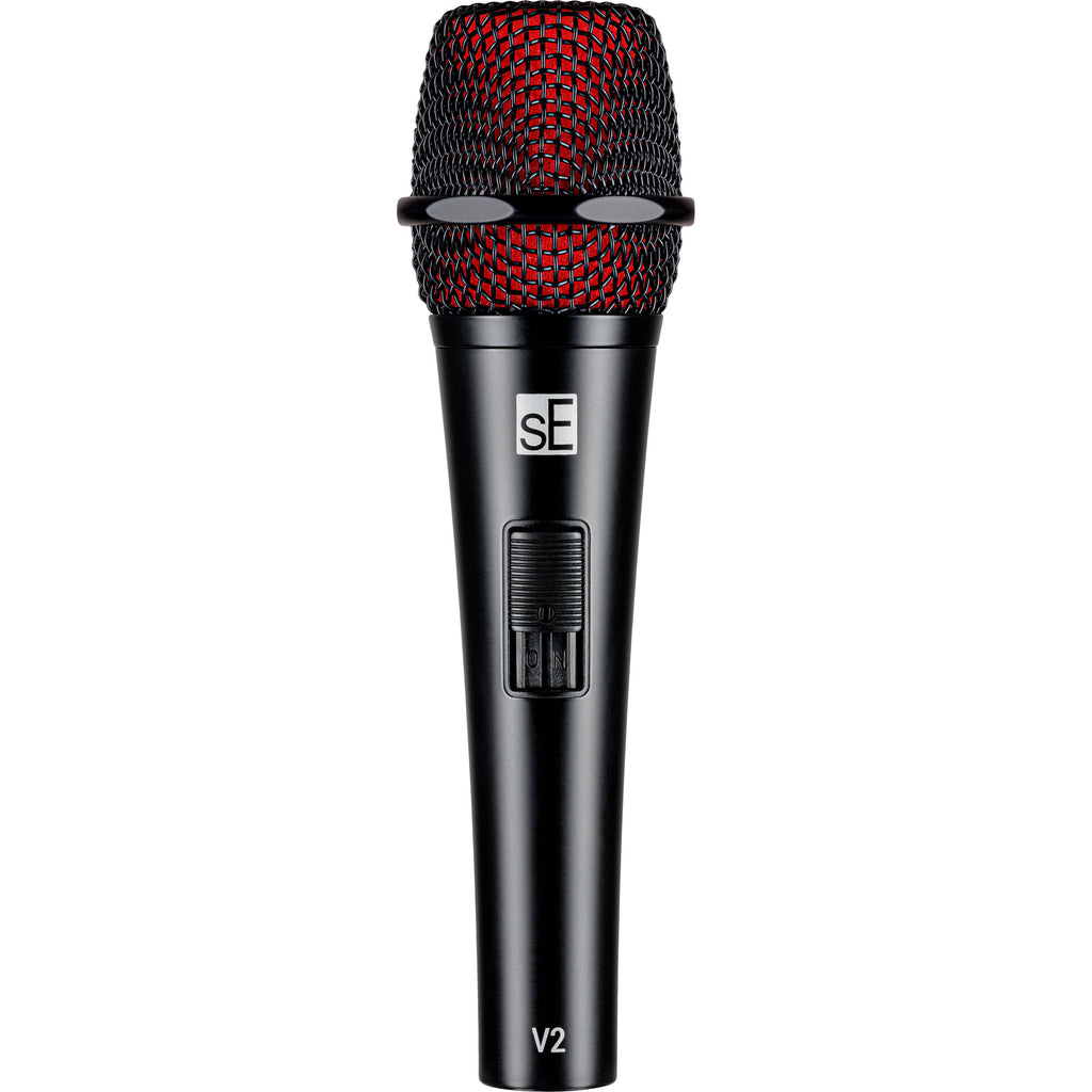 SE Electronics sE Electronics V2 dynamic microphone with switch, showing its professional microphone design and black body.