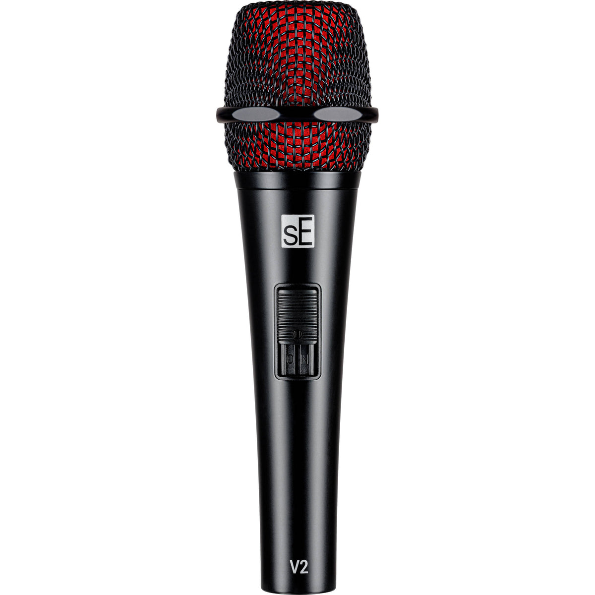 SE Electronics sE Electronics V2 dynamic microphone with switch, showing its professional microphone design and black body.