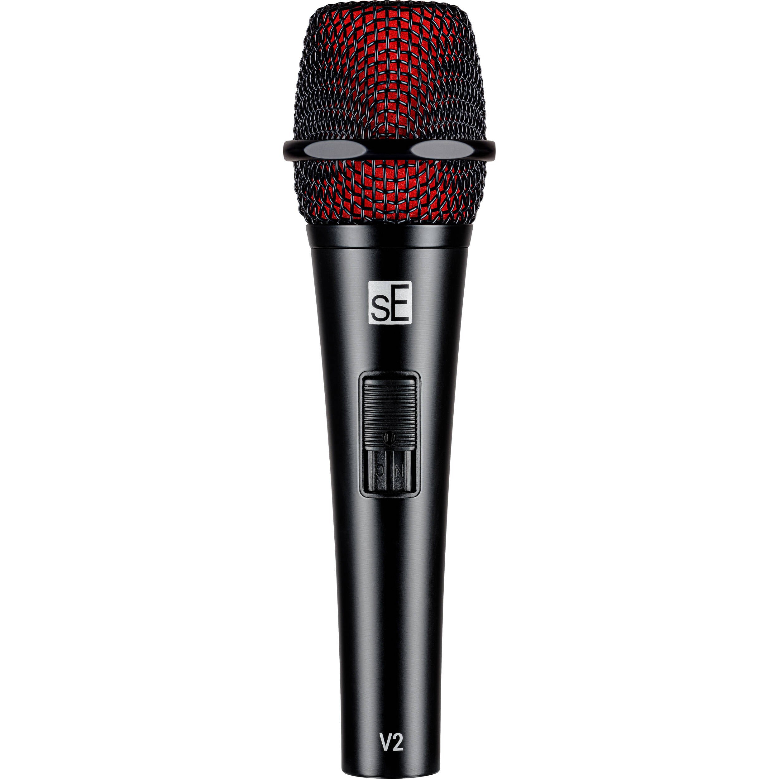 SE Electronics sE Electronics V2 dynamic microphone with switch, showing its professional microphone design and black body.