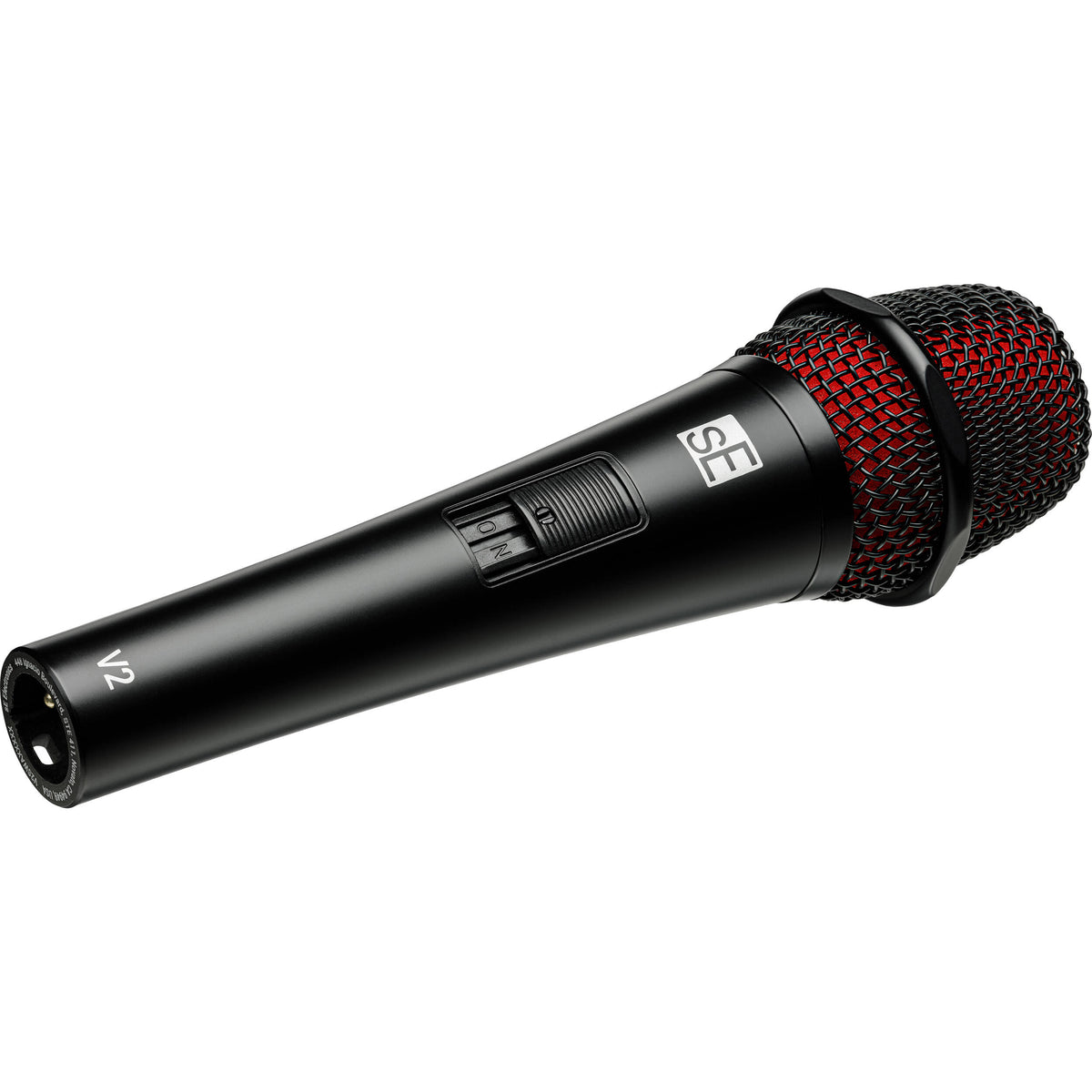 sE Electronics V2 dynamic microphone with switch, featuring a black body and grille, ideal for professional audio recording.