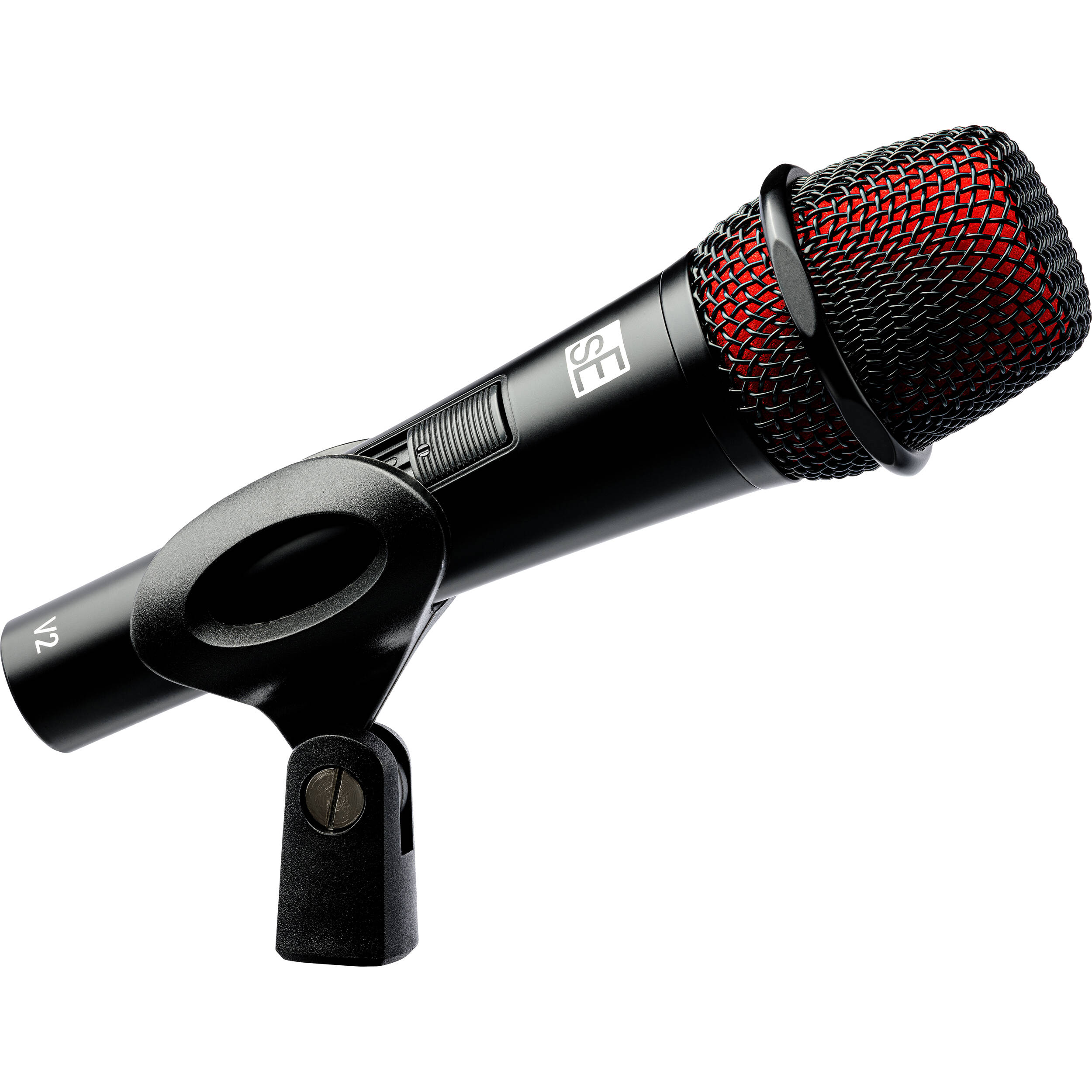 SE Electronics sE Electronics V2 dynamic microphone with switch, showing a professional microphone on a black stand.