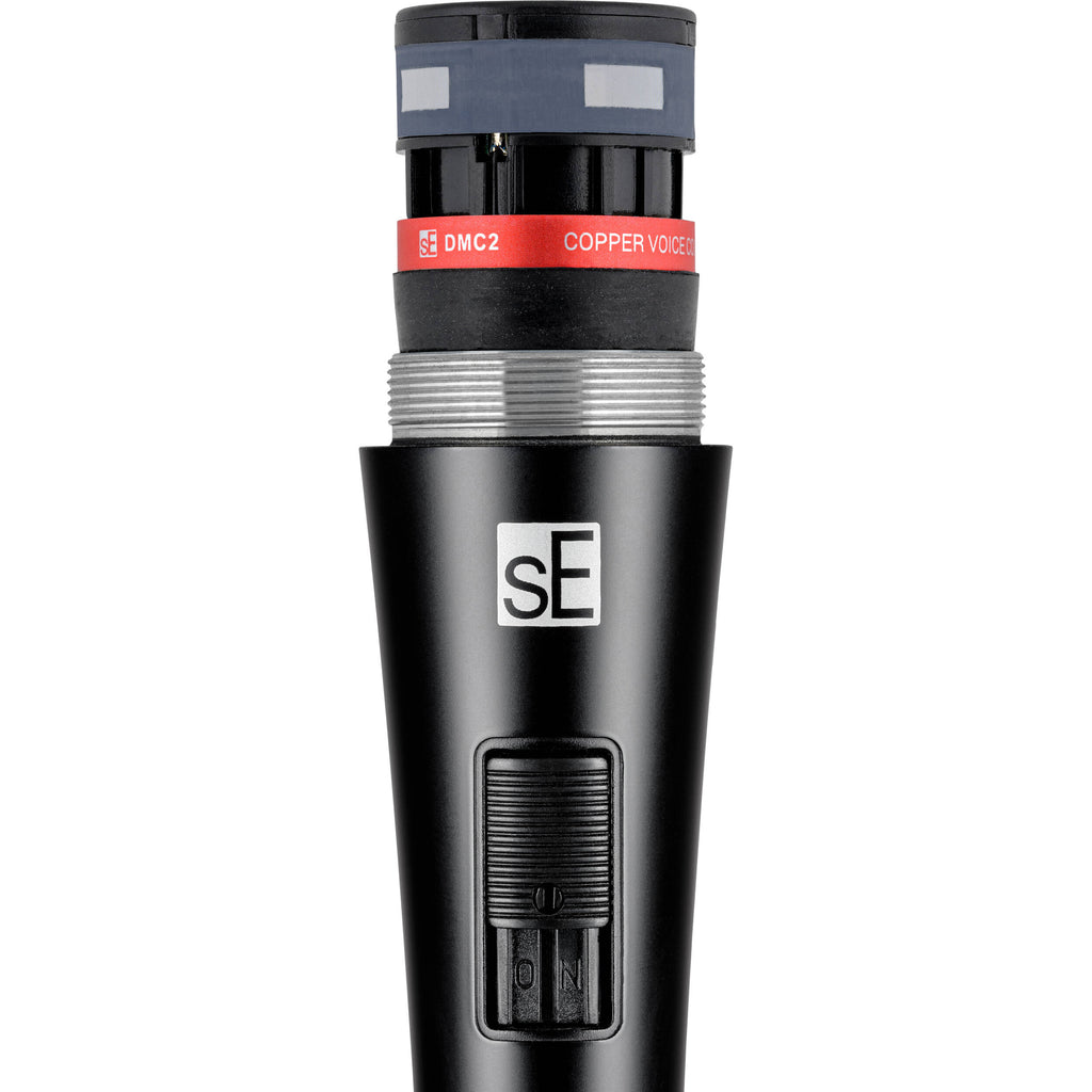 sE Electronics V2 dynamic microphone with switch, showcasing its professional audio equipment design and build.