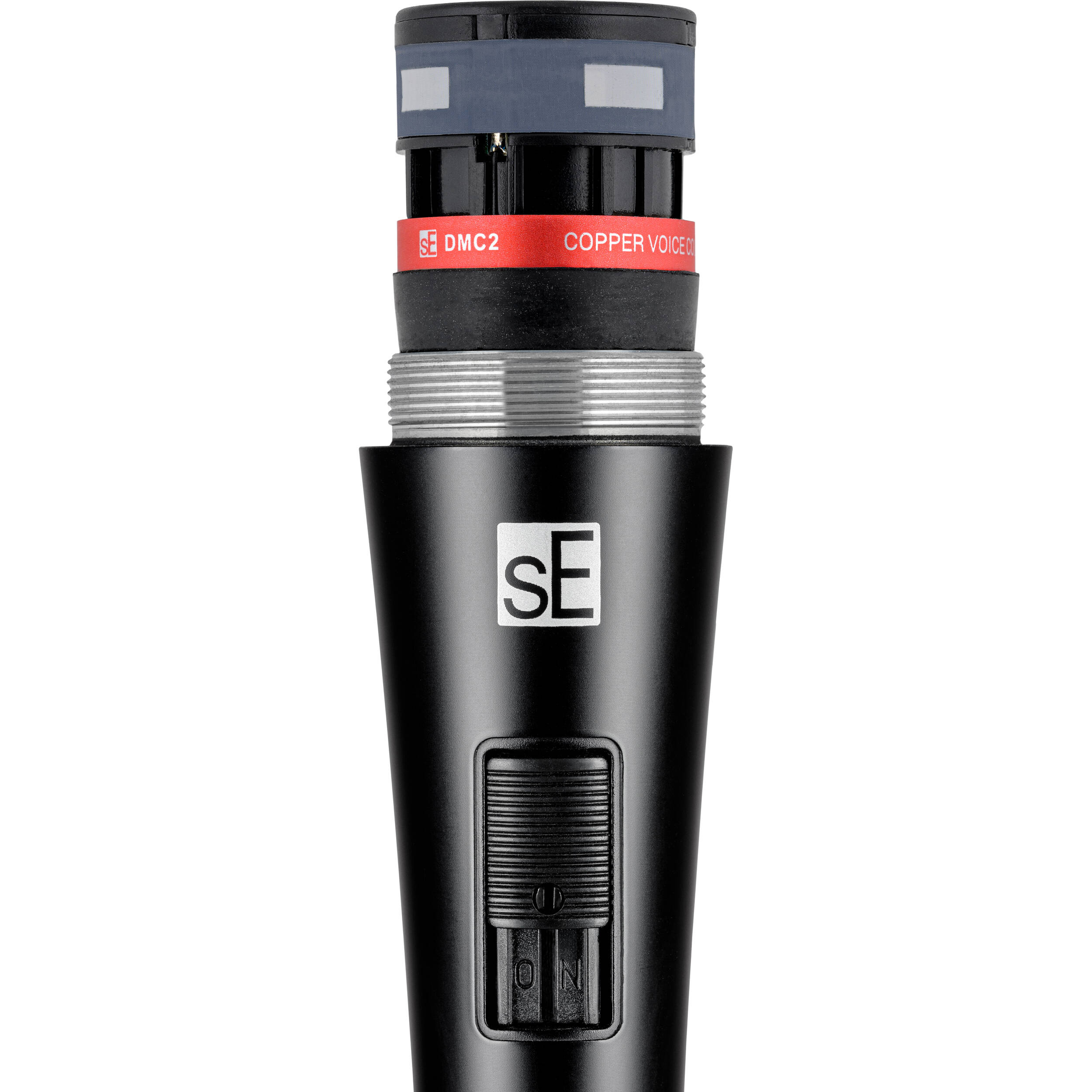 sE Electronics V2 dynamic microphone with switch, showcasing its professional audio equipment design and build.