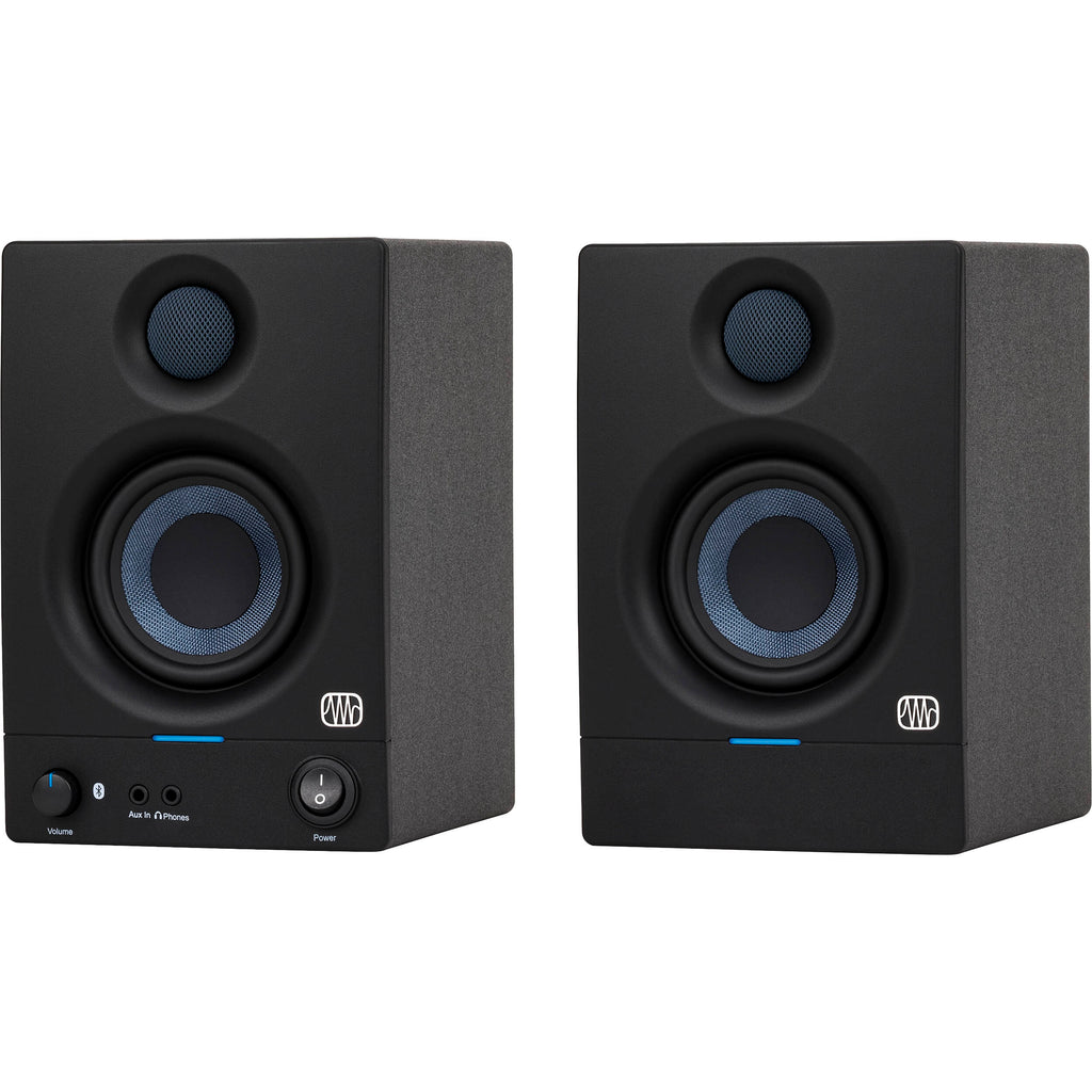 Presonus Eris 3.5 BT 2nd Gen active nearfield monitors shown with black speaker cones and compact design for desktop audio.