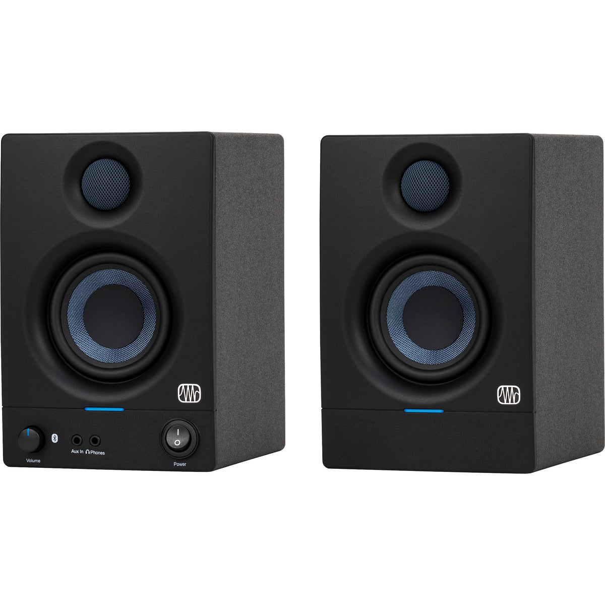 Presonus Eris 3.5 BT 2nd Gen active nearfield monitors shown with black speaker cones and compact design for desktop audio.