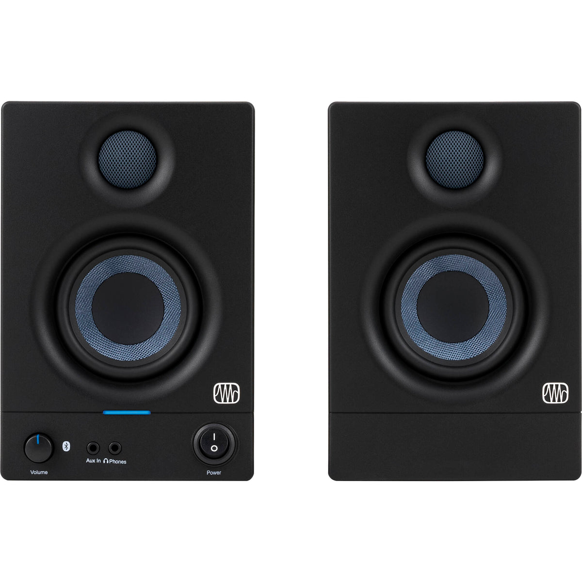 Presonus Eris 3.5 BT 2nd Gen active nearfield studio monitors shown on a desk with a white background.