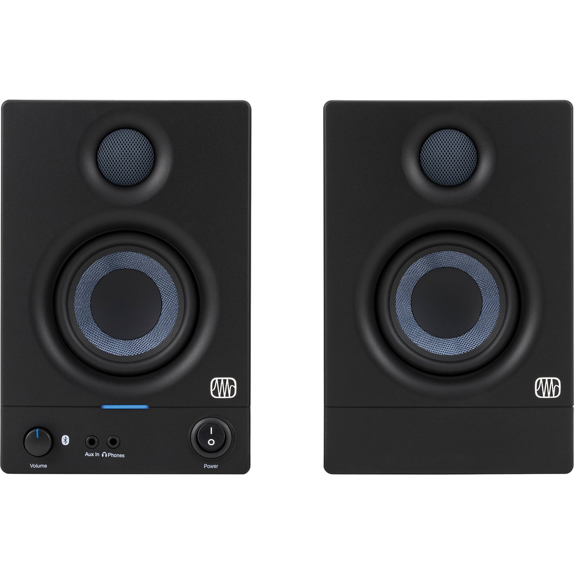 Presonus Eris 3.5 BT 2nd Gen active nearfield studio monitors shown on a desk with a white background.