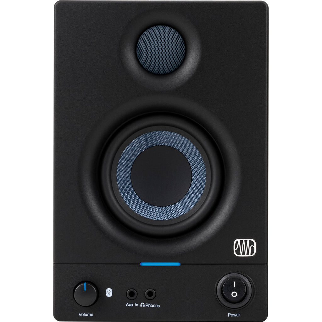 Presonus Eris 3.5 BT 2nd Gen active nearfield monitors on a desk with a modern workspace setup.