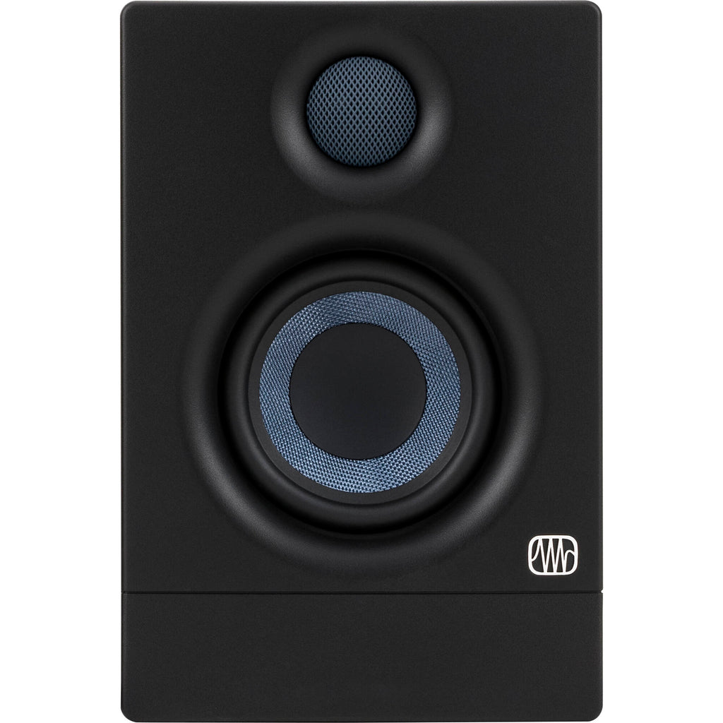 Presonus Eris 3.5 BT 2nd Gen active nearfield monitors shown on a desk with cables and audio equipment.