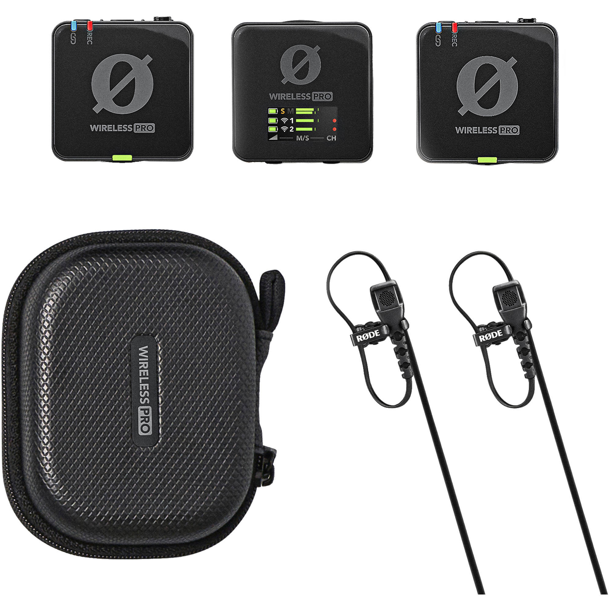 Rode Wireless PRO professional wireless microphone system with transmitter and receiver in black, compact audio gear for recordings.