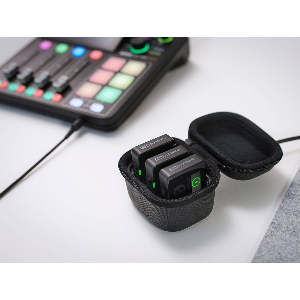 Rode Wireless PRO professional wireless microphone system with transmitter and receiver, compact and portable for audio recording.