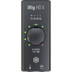 IK Multimedia iRig HD X audio interface with guitar input and USB connection, shown on a white background.