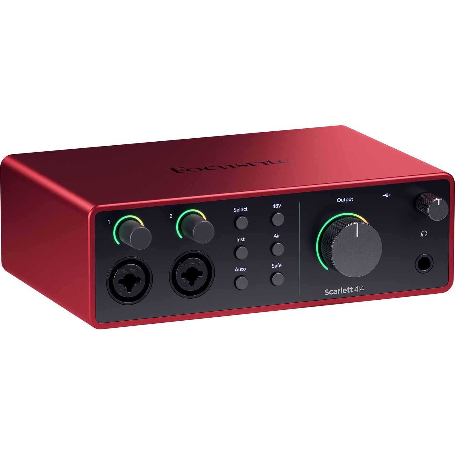 Focusrite Scarlett 4i4 4th Gen audio interface with multiple input and output ports, compact design for music recording and production.