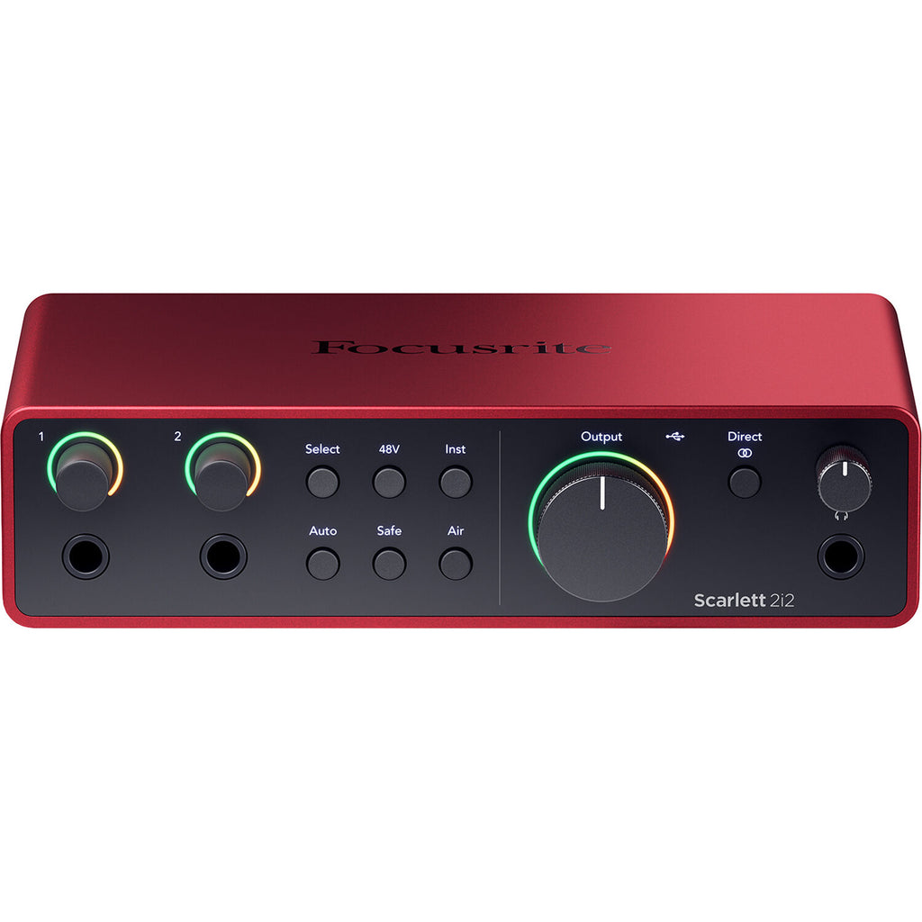 Focusrite Scarlett 2i2 4th Gen audio interface with dual inputs and knobs, black compact design, and USB connection.